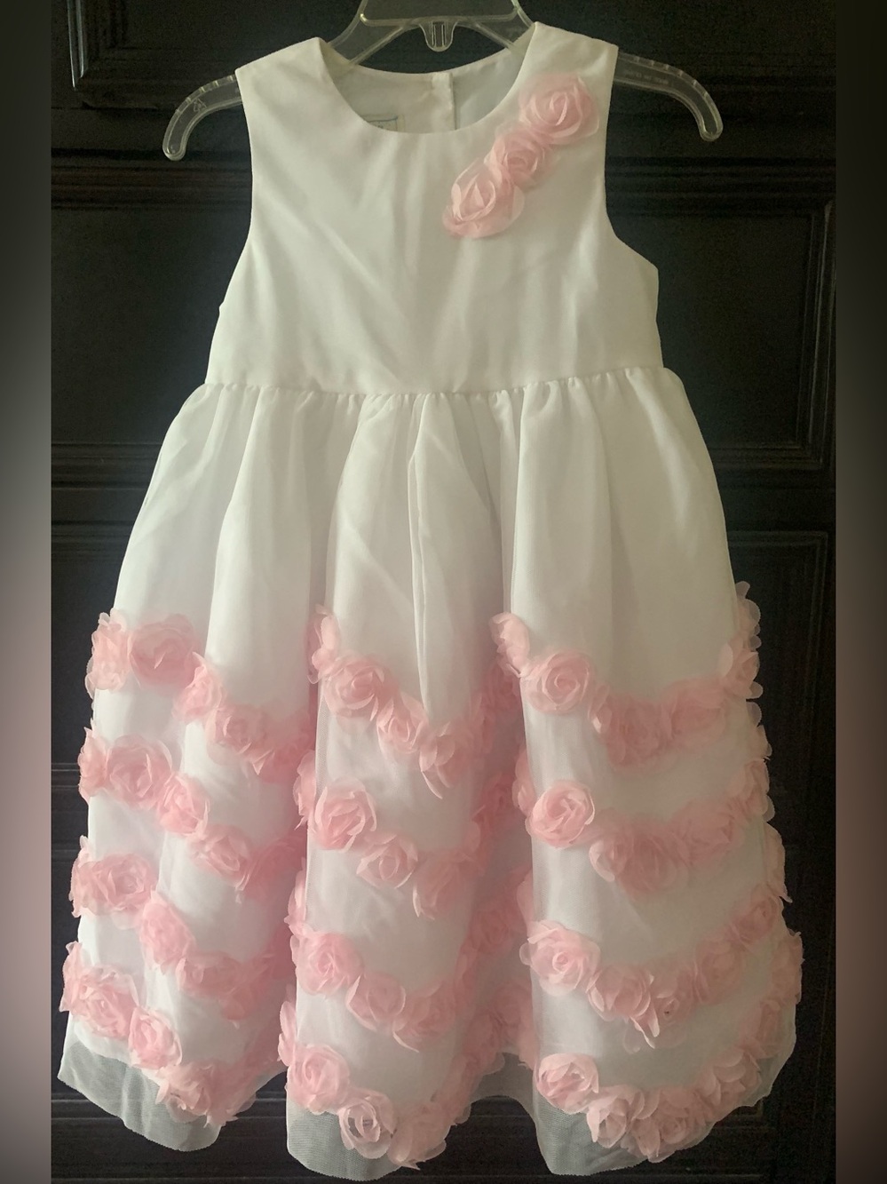 Pippa & Julie White Dress with Pink Rosette Trim
